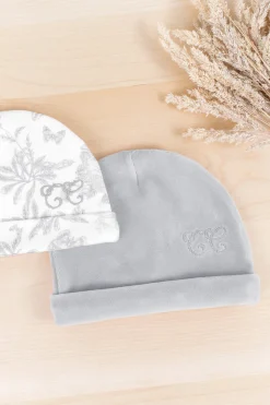 Bonnet Gris en velours imprimé inspiration toile de jouy