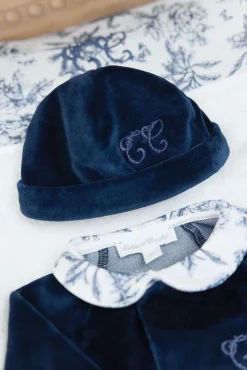 Bonnet Bleu velours imprimé inspiration toile de jouy
