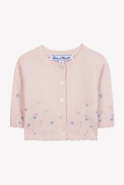 Cardigan Rose pâle broderie églantine