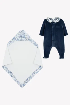 Coffret Naissance Toile de Jouy bleu