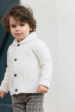 Gilet Ecru col châle maille torsadée