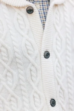 Gilet Ecru col châle maille torsadée