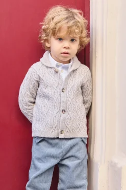 Gilet Bleu glacier col châle maille torsadée