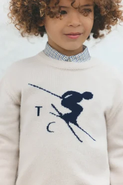 Pull beige chiné illustration ski