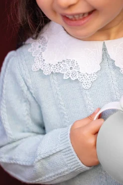 Pull Vert d'eau col broderie anglaise