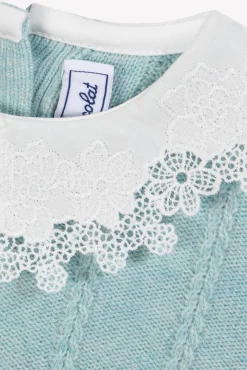 Pull Vert d'eau col broderie anglaise